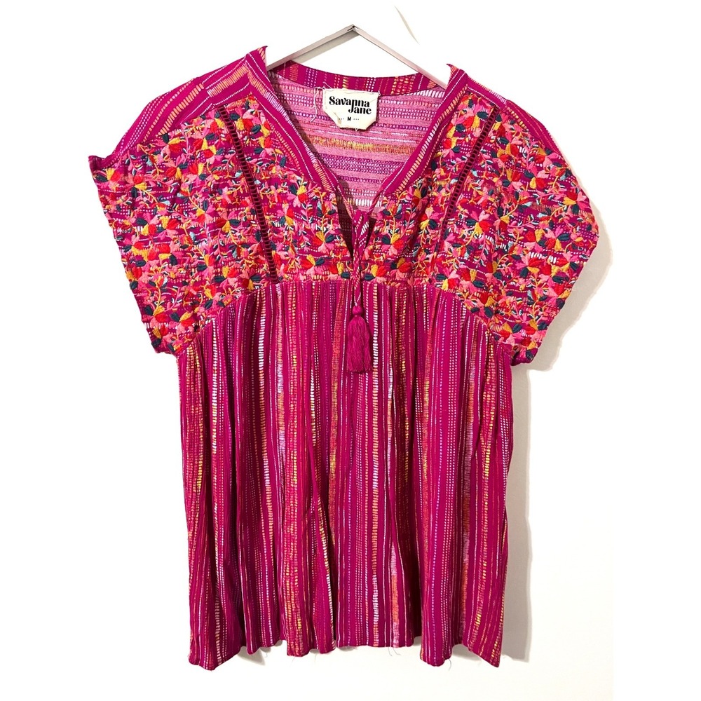 SAVANNA JANE Fuschia Blouse Excellent Embroidered Boho Peasant Top M